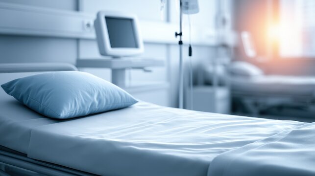 Hospital ward with empty patient bed and medical monitor. Concept for modern healthcare facilities and clinical.