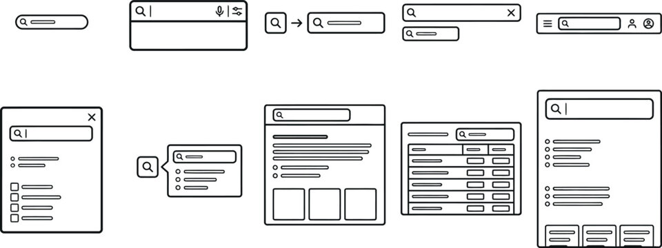 Collection of hand drawn search UI layouts and widgets with interface navigation internet template elements wireframe