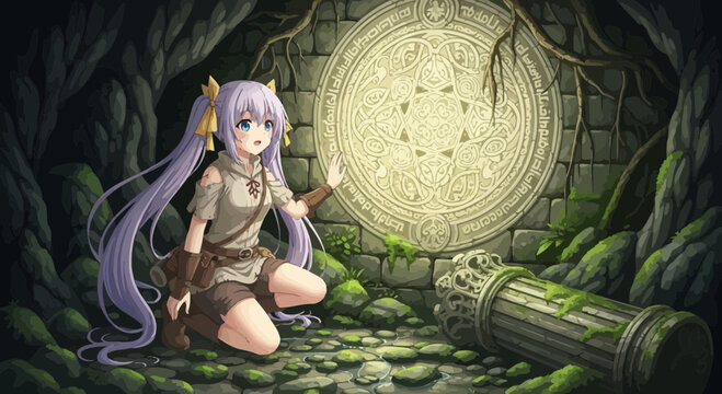 Mystical Girl Exploring Ancient Ruins with Glowing Symbol