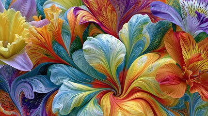 Obraz premium Exploding kaleidoscope of tropical flowers dissolving into vivid pigment waves, creating a saturated psychedelic botanical abstract background.