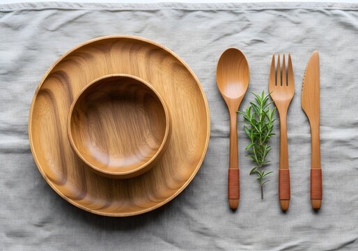 Rustic wooden tableware set with bowl, plate, spoon, fork, knife and fresh rosemary