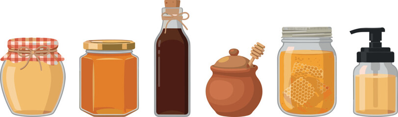 Organic Honey Packaging and Bee Product Jar Set with Glass Jars, Hexagonal Bottle, Honeycomb Pot, Wood Dipper, and Liquid Soap Dispenser © MdTobarak