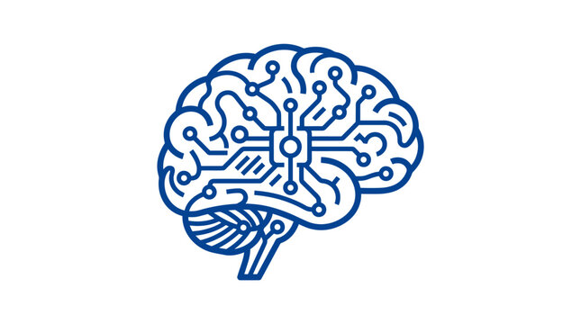 An illustration of a blue circuit board brain on a white background represents technology and science.