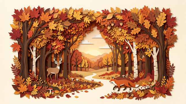 Beautiful autumn forest landscape papercut with deer and fox among colorful trees and falling leaves