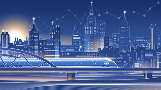 A futuristic blueprint-style digital artwork featuring a smart city at night. Glowing line-art skyscrapers, financial data graphs, and a bright sun illuminate the background, while a high-speed train 