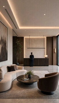 Corporate office reception lobby area with staff member behind desk and sophisticated waiting lounge furniture reception business interior architecture corporate furniture professional