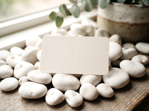 Blank Cream Business Card Mockup on Pebbles with Plant by Window