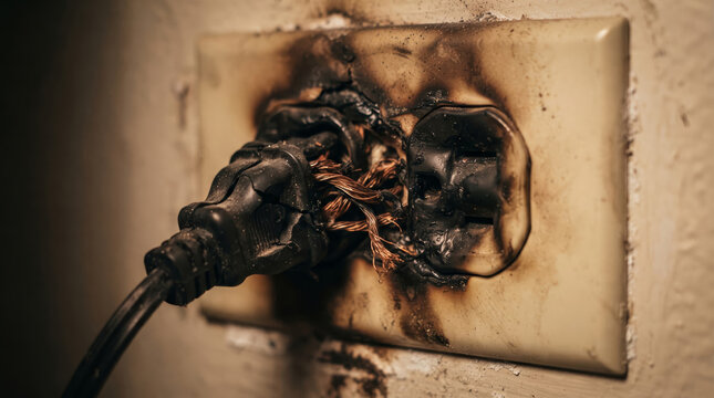 Burnt Electrical Outlet with Exposed Wires Fire Hazard Close Up