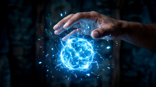 Human hand manipulating a glowing sphere of electric energy with toward brilliant pulsating