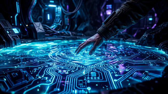 Human hand interacting with a glowing liquid digital circuit interface in futuristic setting