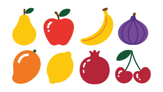 A colorful assortment of eight fresh fruits rendered in a simple flat design style