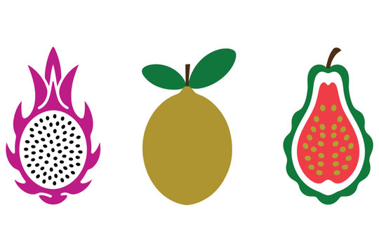 Three stylized exotic fruits including dragon fruit a lemon and guava displayed sidebyside in a simple illustration