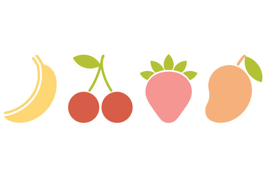 Collection of stylized cartoon fruits including a banana cherries strawberry and mango presented in a row