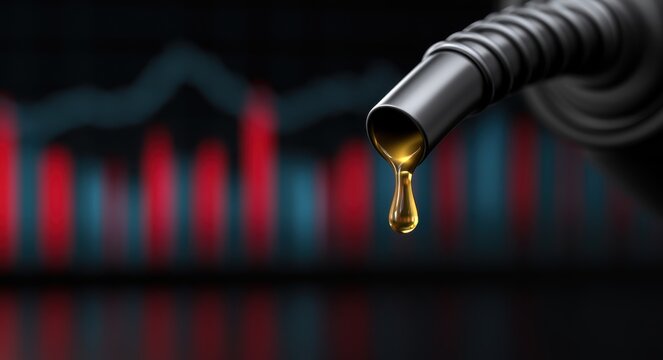A single drop of oil falling from a fuel nozzle against a blurred stock market chart. Concept for energy market.