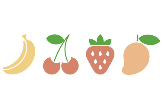 Stylized graphic illustrations of banana cherries strawberry and mango fruits arranged in a row