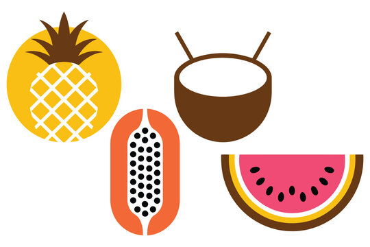 Flat graphic illustrations of tropical fruits including pineapple coconut papaya and watermelon on white