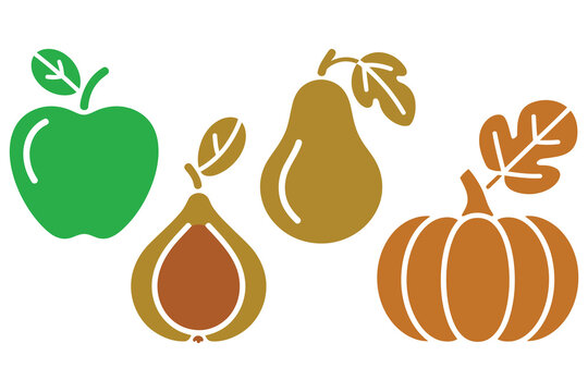 Stylized illustration of a green apple pear halves a whole pear and a pumpkin with autumn leaves