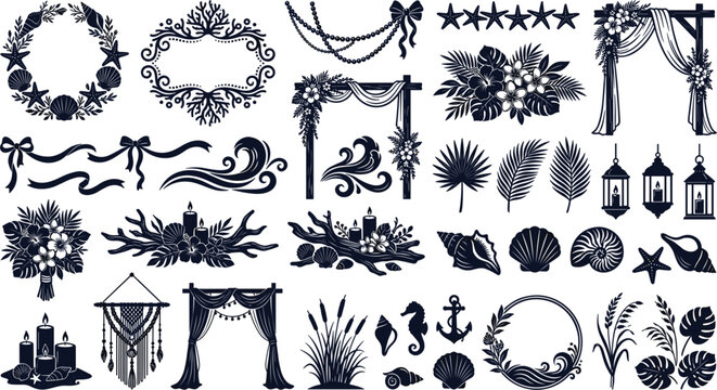 Beach wedding silhouette vector set featuring tropical arches macrame lanterns seashells coral floral arrangements and decorative coastal 