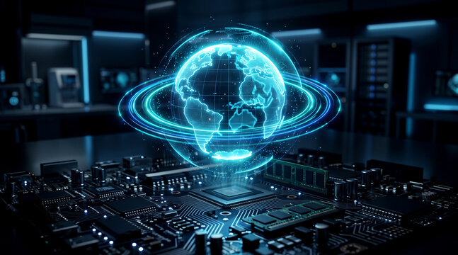 Digital global connectivity hologram floating above a high tech computer circuit board