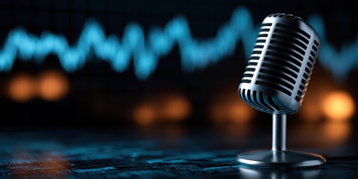 A silver vintage microphone sits before a blue digital waveform. It represents podcasting, financial news, or audio.