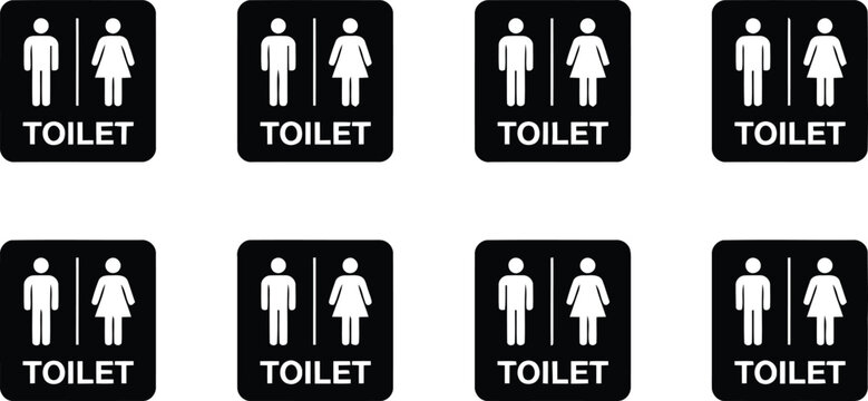 Set of eight black and white toilet signs with male and female figures