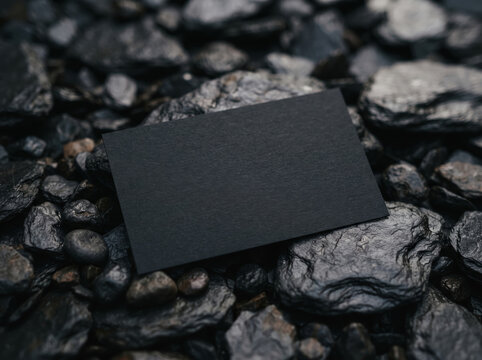 Elegant black business card mockup placed on dark textured natural wet rocks and coal