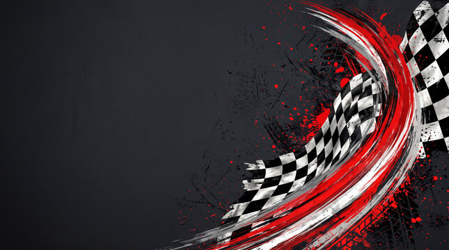 Dynamic abstract racing background with checkered flag red paint splatters and tire tracks
