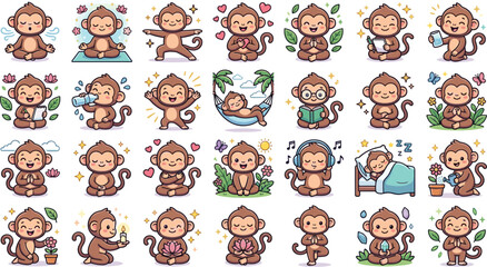 Cute cartoon monkey stickers set showing various activities like yoga meditation sleeping reading listening to music and relaxingrelaxing © Mohammad