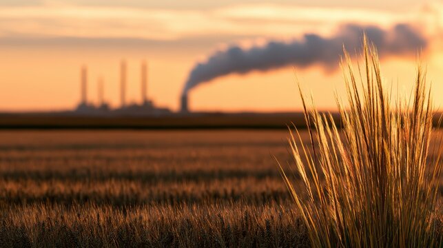 Golden wheat field at sunset with an industrial factory emitting smoke in the distance. A concept for environmental.