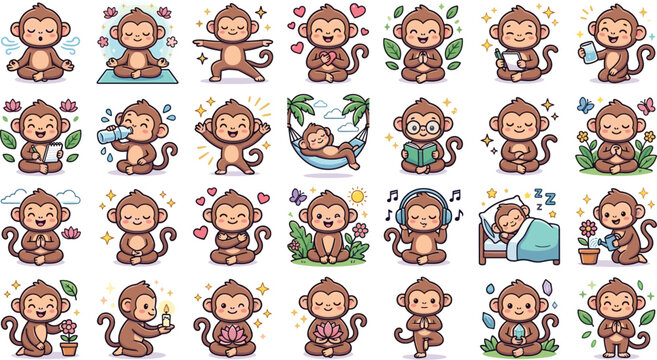 Cute cartoon monkey stickers set showing various activities like yoga meditation sleeping reading listening to music and relaxingrelaxing