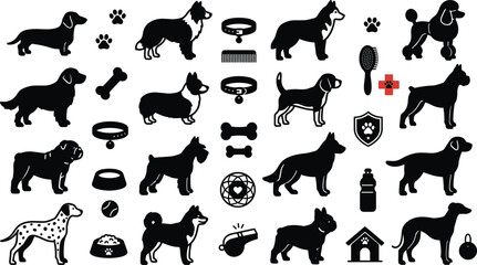 Dog breeds silhouette vector icons set with pet care accessories veterinary elements puppy shapes and domestic animal symbols © Mohammad