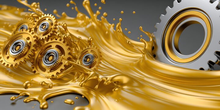 Industrial metal gears spinning in flowing golden oil. This represents advanced lubrication technology and mechanical.