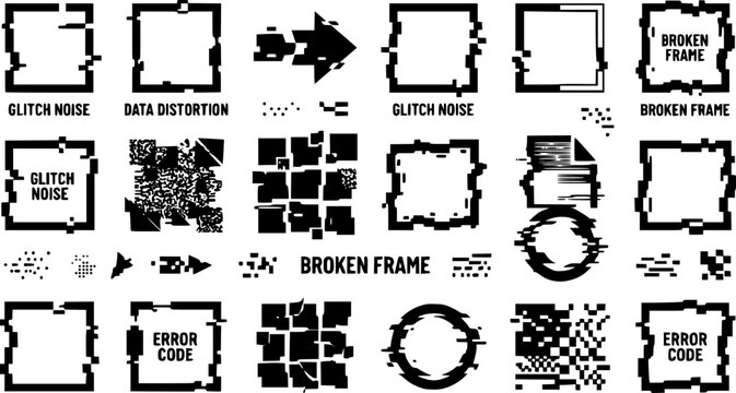 Glitch broken frames. Distortion dynamic square elements, noise defect geometry figures isolated vector illustration symbols set. Modern trendy neon shapes for banner, cover design