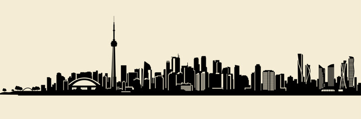 Obraz premium Minimalist black silhouette vector of the Toronto city on a light beige background. Perfect for travel and urban design.