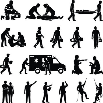 Emergency medical service silhouettes showing paramedics first responders ambulance and rescue operations in action
