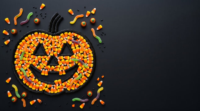 Halloween jack o lantern pumpkin face made of candy corn and licorice flat lay on black background