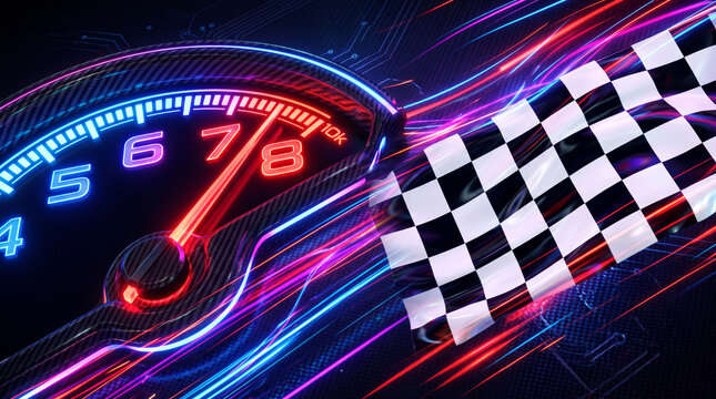 High speed racing background with carbon fiber tachometer neon streaks and checkered flag