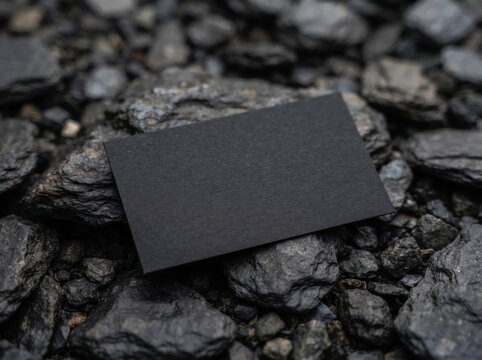 Minimalist black blank business card mockup on rough dark wet stones for premium brand identity