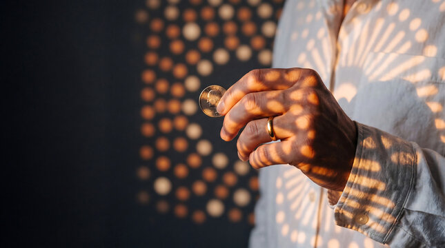 Person holding coin with light patterns and bokeh background.