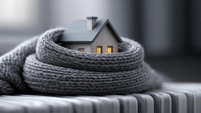 Small model house wrapped in a cozy grey scarf on a radiator. Concept for energy efficiency and home heating savings.