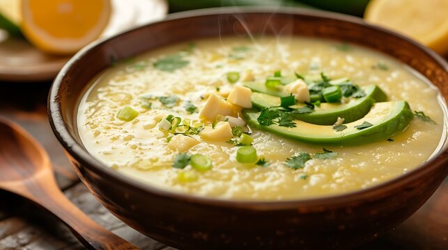 locro de papa in handmade brown clay bowl, positioned center-left on a dark rustic wood table