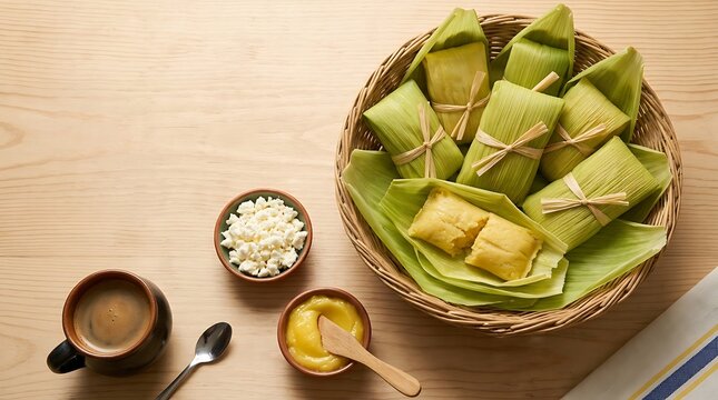  humitas in artisan wicker basket lined with green corn husks, positioned in the upper right third on a light wood table