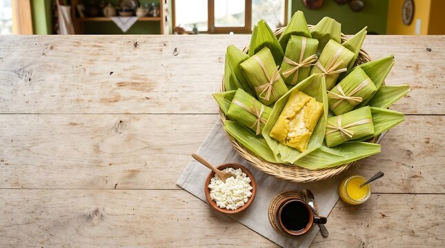  humitas in artisan wicker basket lined with green corn husks, positioned in the upper right third on a light wood table