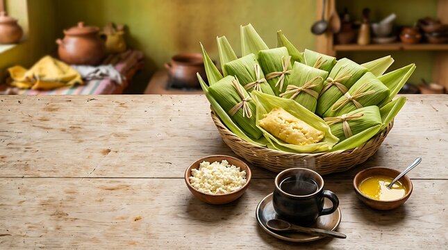  humitas in artisan wicker basket lined with green corn husks, positioned in the upper right third on a light wood table