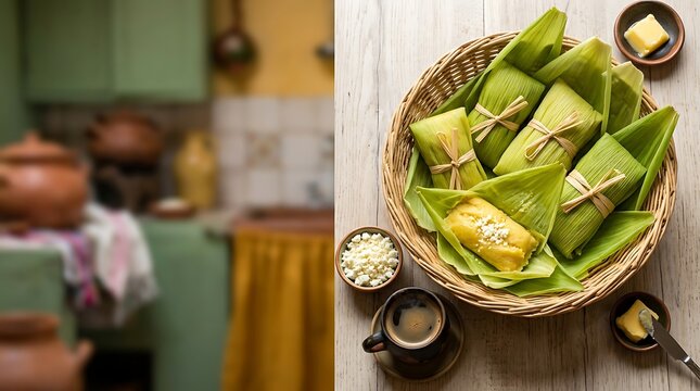  humitas in artisan wicker basket lined with green corn husks, positioned in the upper right third on a light wood table