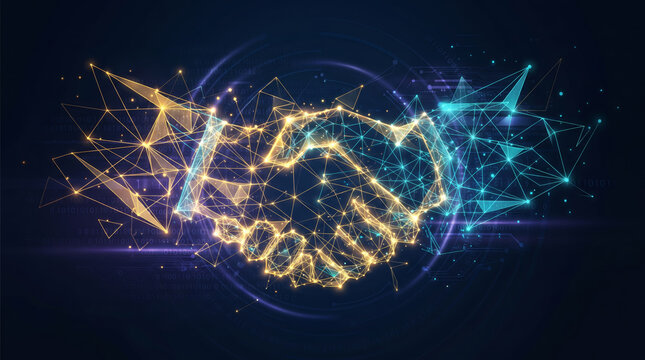 Smart contract digital handshake concept with glowing network lines and binary code