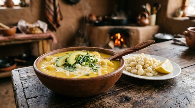 locro de papa in handmade brown clay bowl, positioned center-left on a dark rustic wood table