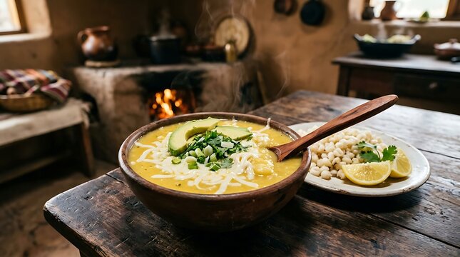 locro de papa in handmade brown clay bowl, positioned center-left on a dark rustic wood table