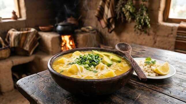 locro de papa in handmade brown clay bowl, positioned center-left on a dark rustic wood table