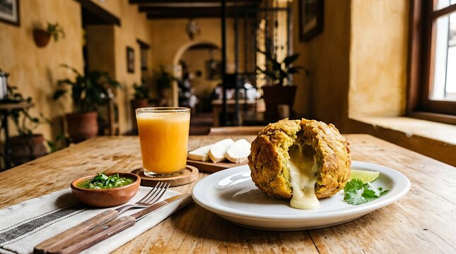 bol&oacute;n de verde on oval white plate, positioned in the lower right third on a light breakfast wood table